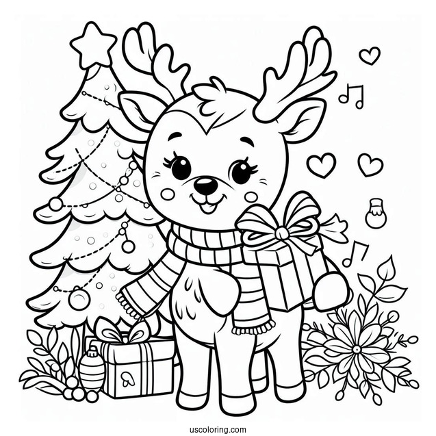 Happy Reindeer Holding a Christmas Gift To Color