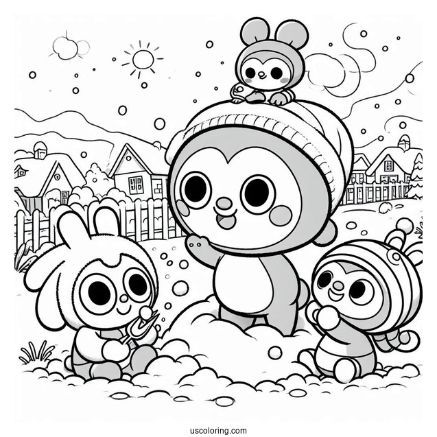 Pororo Coloring Page Of Eddy, Poby, Loopy, And Crong Playing In The Snow