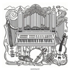 Music Coloring Page Of Organ, Electric Guitar, Trumpet, Violin, Harp, And Saxophone