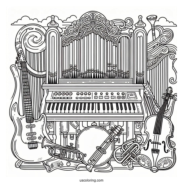 Music Coloring Page Of Organ, Electric Guitar, Trumpet, Violin, Harp, And Saxophone