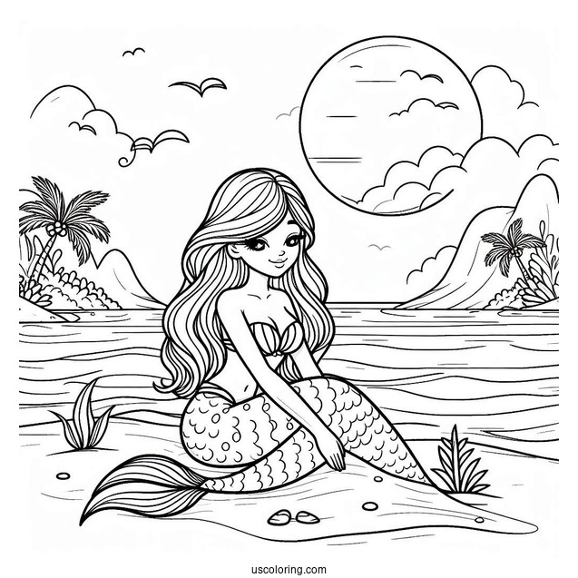 Mermaid Sitting On The Beach Coloring Sheet For Kids