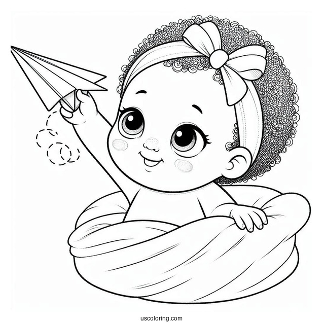 Easy Baby Coloring Page Holding A Paper Airplane