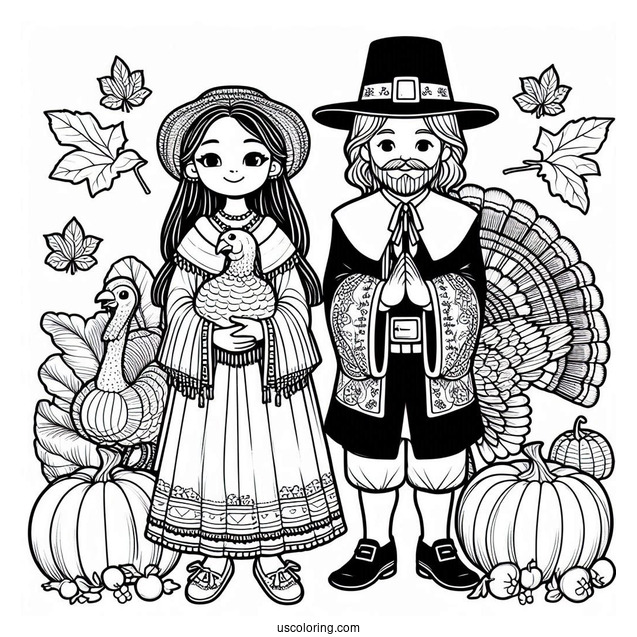 Man And Woman Pilgrim Coloring Page With Turkey And Pumpkin