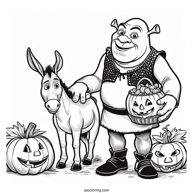 Shrek With Donkey And Pumpkin During Halloween