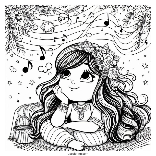 Sing Coloring Page Of Meena Daydreaming While Listening To Music