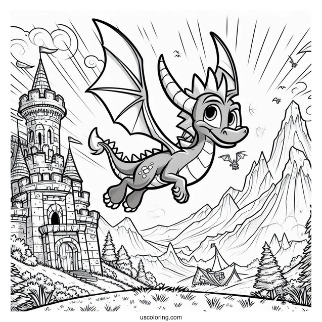 Mighty Sypro Coloring Page Flying In Front Of Castle
