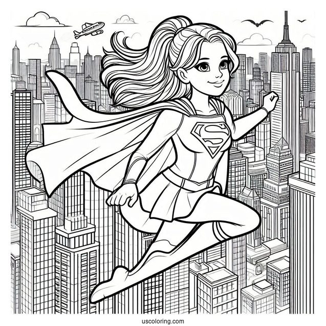 Coloring Page Of Supergirl Flying In The City