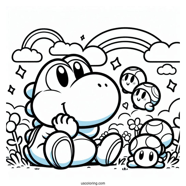 Yoshi And Shy Guy Coloring Page With Toads In The Background