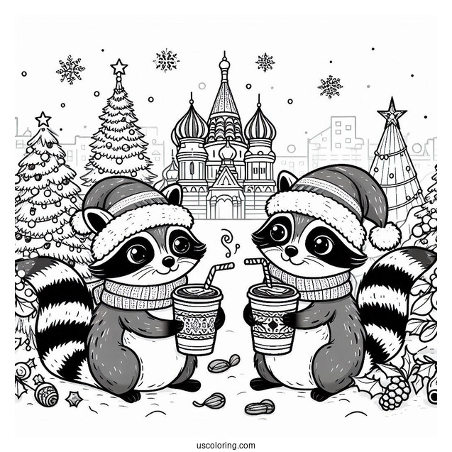 Christmas Coloring Pages For Adults Of Cartoon Racoons Sharing Hot Beverage In Front Of Christmas Tree And Cathedral