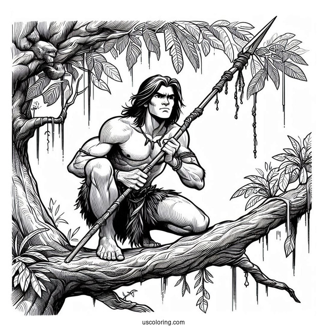 Tarzan Coloring Page Holding Spear While Crouched On Tree Branch