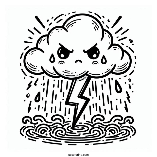 Angry Cloud With Rain Coloring Page And Lightning For Kids