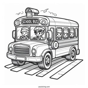 Cartoon School Bus With Students And Driver