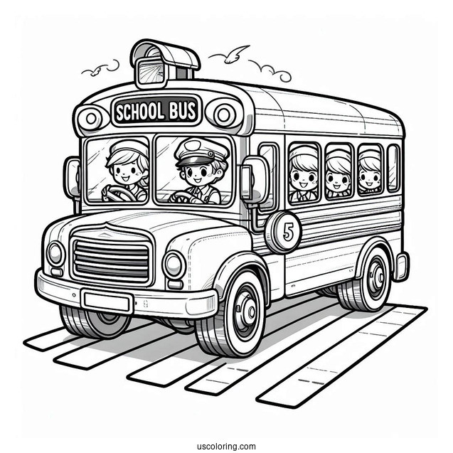 Cartoon School Bus With Students And Driver