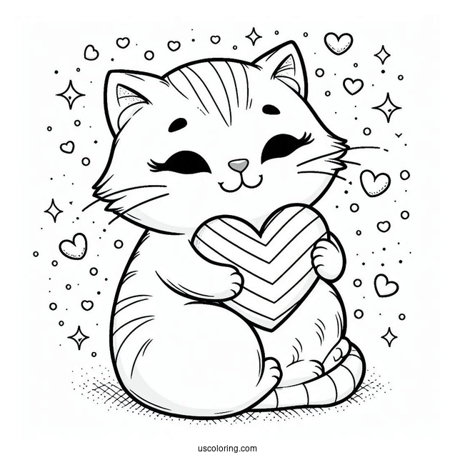 Cat Embracing Heart Coloring In