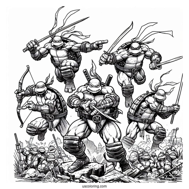 Ninja Turtles Coloring Page Of Raphael, Donatello, Michelangelo, And Leonardo Charging At Enemy