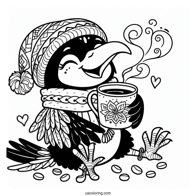 Happy Raven Coloring Page Drinking Coffee For Kids