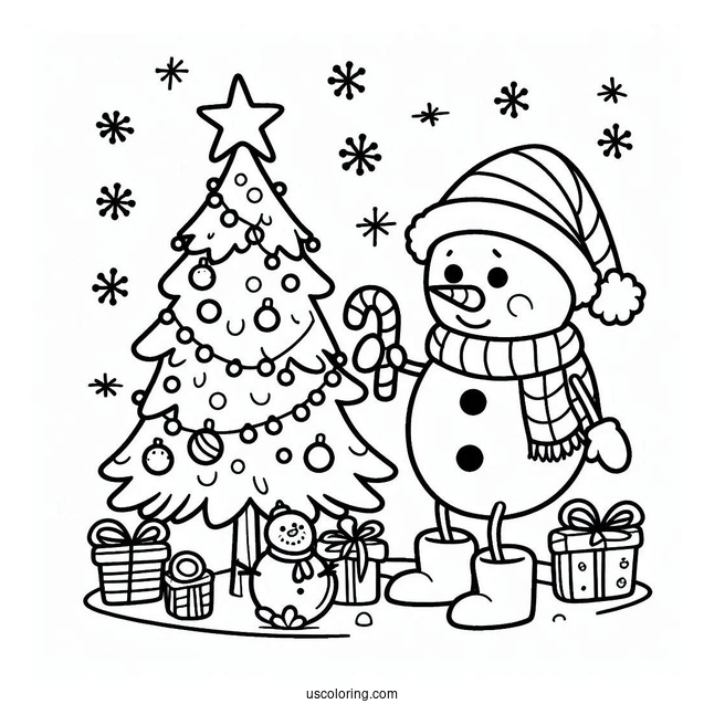 Coloring Page a Snowman Decorating a Christmas Tree