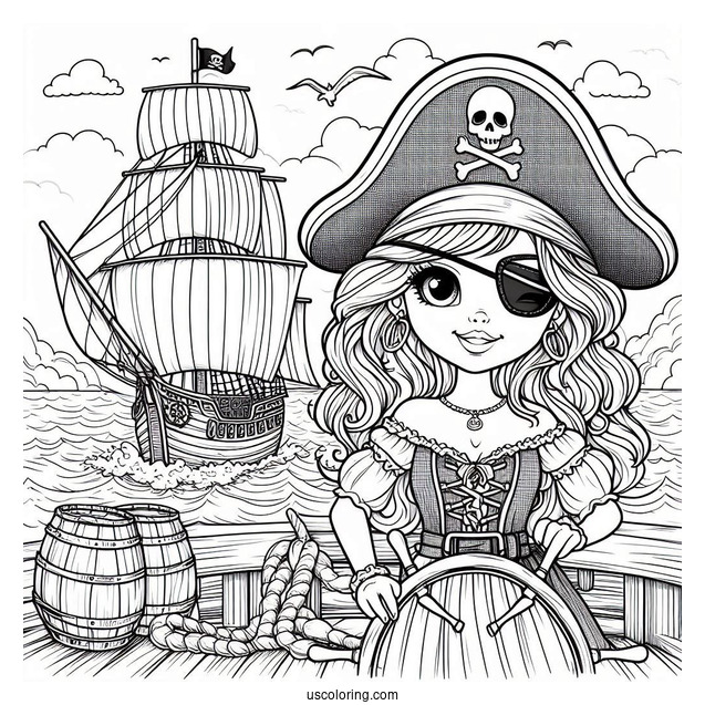 Pirate With Eyepatch On The Deck Of A Pirate Ship Coloring Page