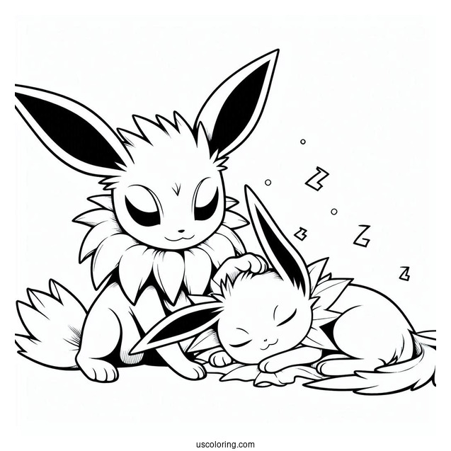 Espeon Watching Over Sleeping Jolteon Coloring Page