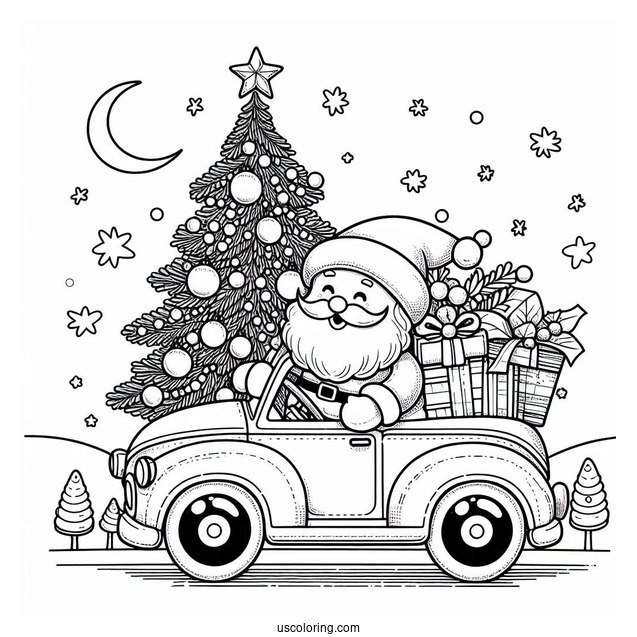 Santa With Christmas Tree On Car