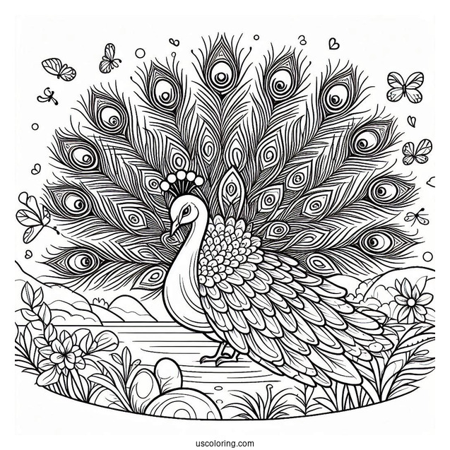 Peacock Coloring Page with Fanned Feathers by Mountain Pond