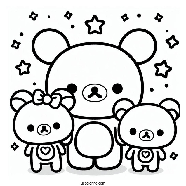 Simple Rilakkuma Coloring Page Outline With Kiiroitori, Korilakkuma, And Chairoikoguma For Preschoolers