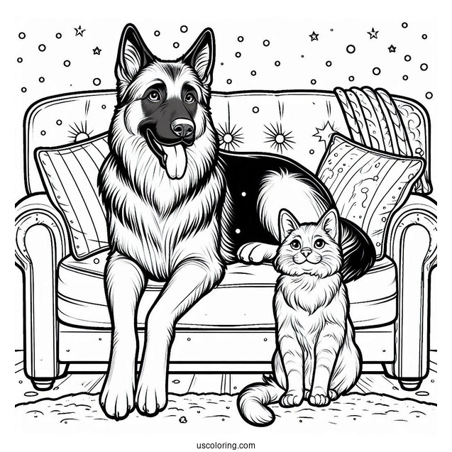 German Shepherd And Cat Sitting On Couch