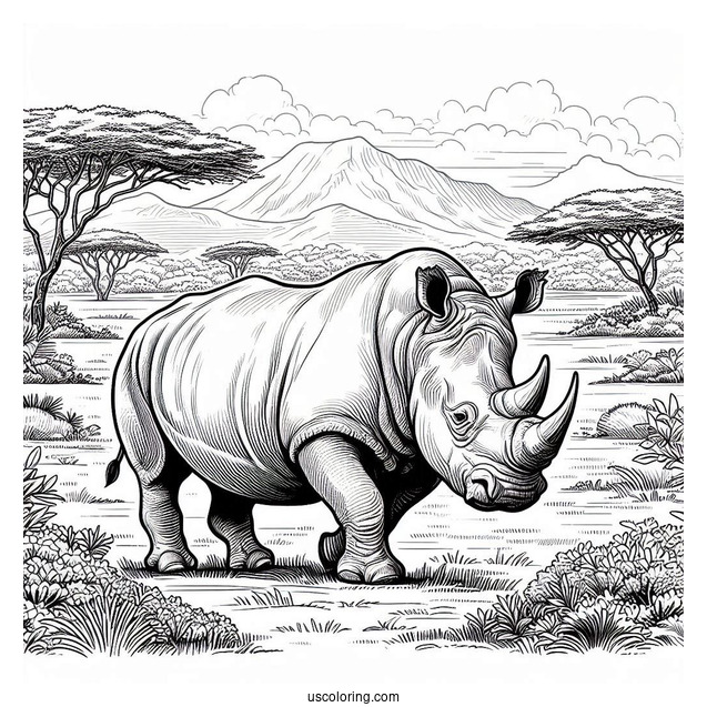 African Rhino In The Wild To Color
