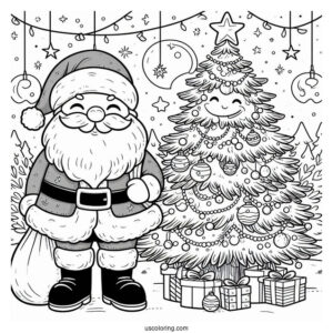 Santa Claus Beside A Christmas Tree On New Year Coloring Page