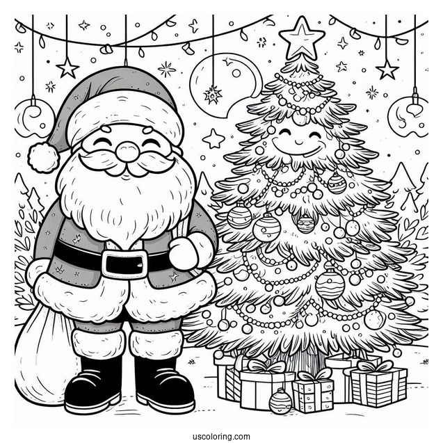 Santa Claus Beside A Christmas Tree On New Year Coloring Page