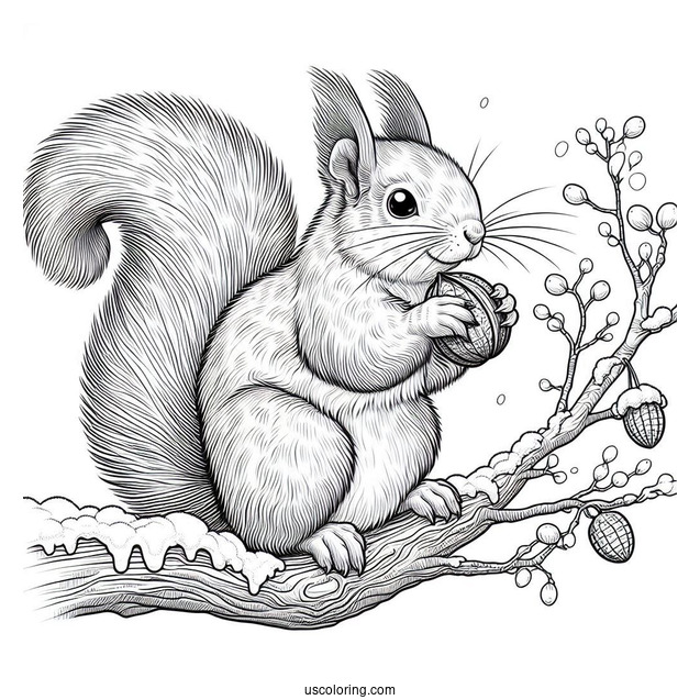 Realistic Squirrel Coloring Page Eating Nut On Snow Covered Branch