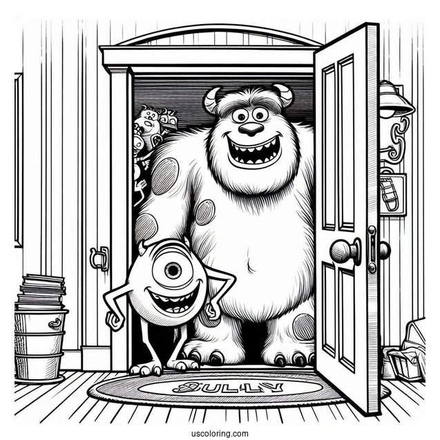 Pixar Coloring Page of Sully And Mike In Front Of Door Mosnter s Inc