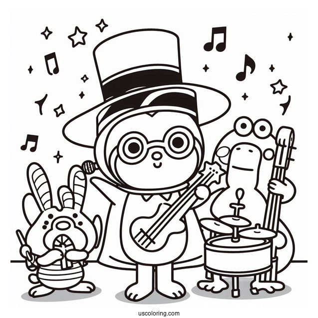 Pororo Coloring Page Playing In A Band With Harry, Crong, Eddy, And Poby