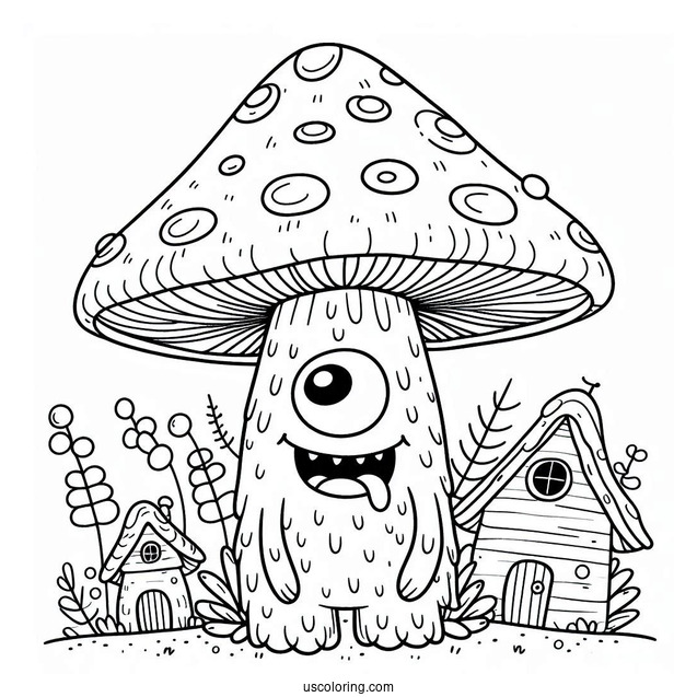 Grinning Monster Standing In Front Of Mushroom Coloring Page Of Houses