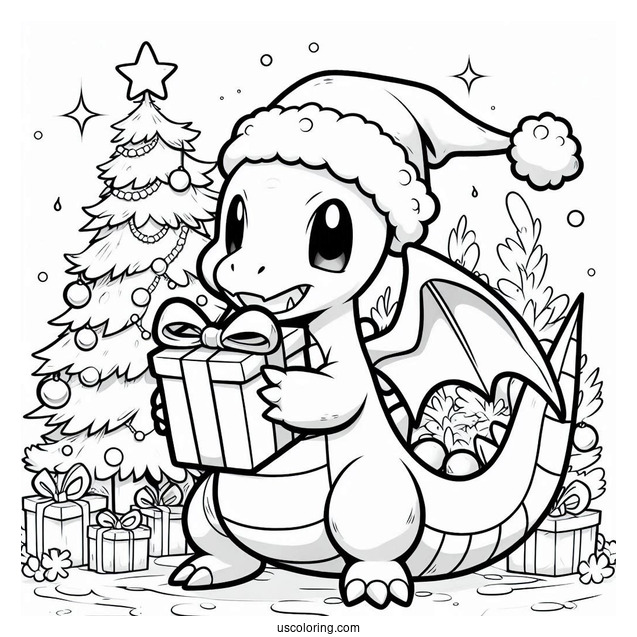 Pokemon Christmas Coloring Page Dragonite Holding A Present