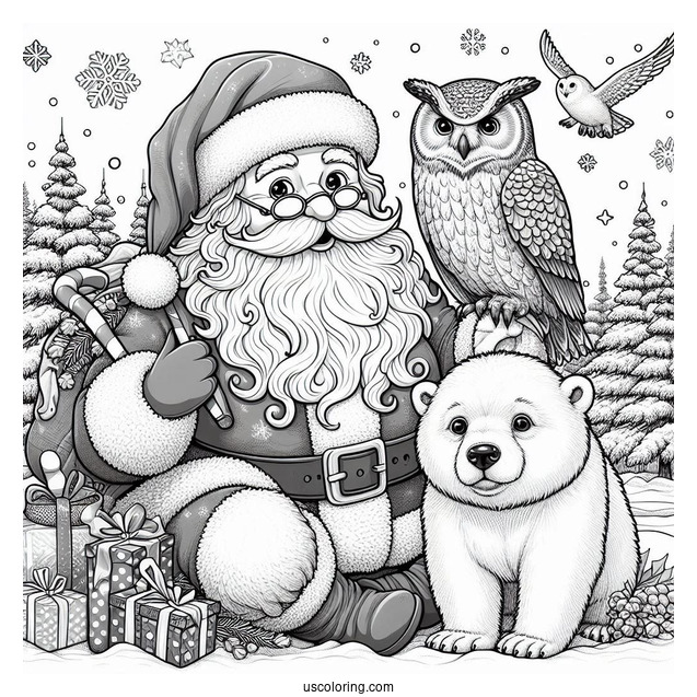 North Pole Coloring Page Of Realistic Santa Claus With An Owl And Polar Bears