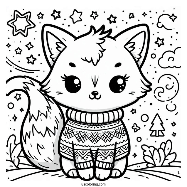 Kawaii Fox Coloring Page In A Snowflake Sweater Surrounded By Stars