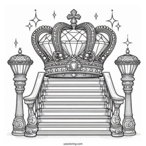 Royal Crown Coloring Page With Large Diamond Displayed on a Grand Staircase