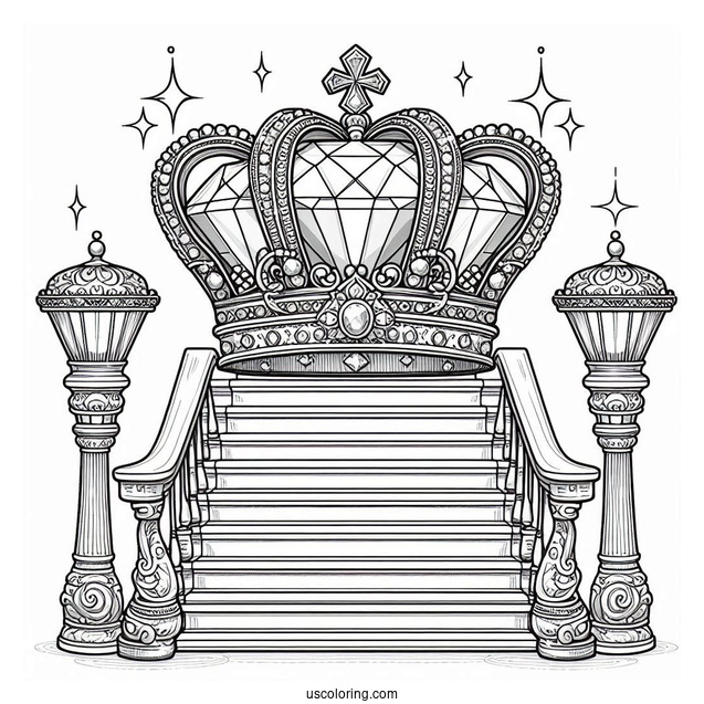 Royal Crown Coloring Page With Large Diamond Displayed on a Grand Staircase