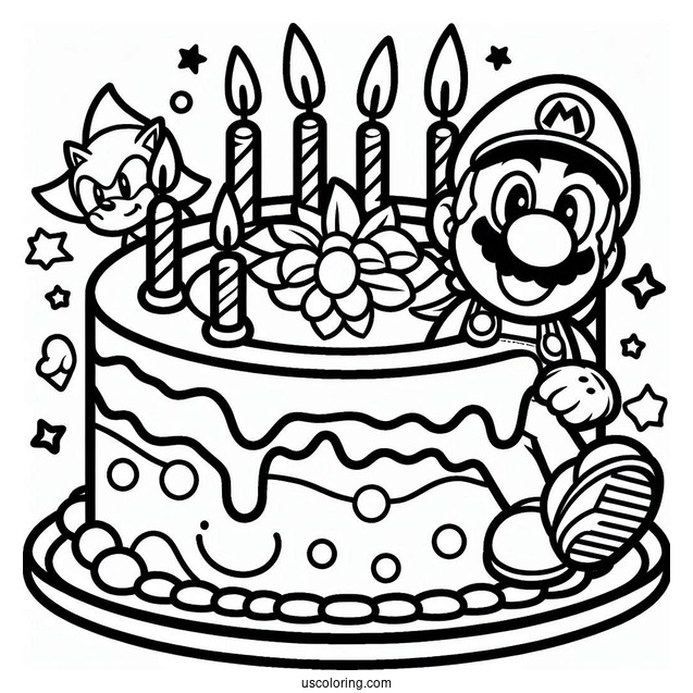 Mario And Sonic Birthday Cake Coloring In For Kids