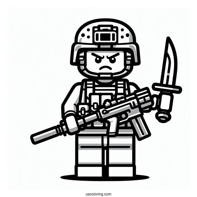 Angry Lego Soldier Coloring Page With Gun And Dagger
