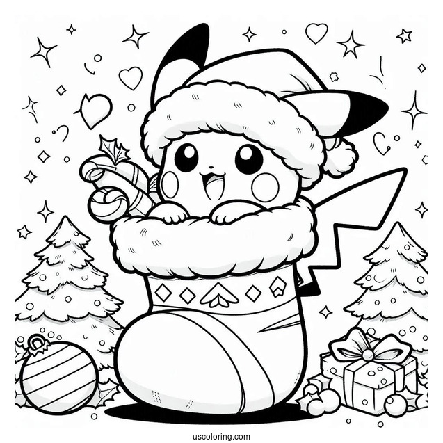 Pokemon Christmas Coloring Page Kawaii Pikachu Inside A Christmas Stocking For Kids