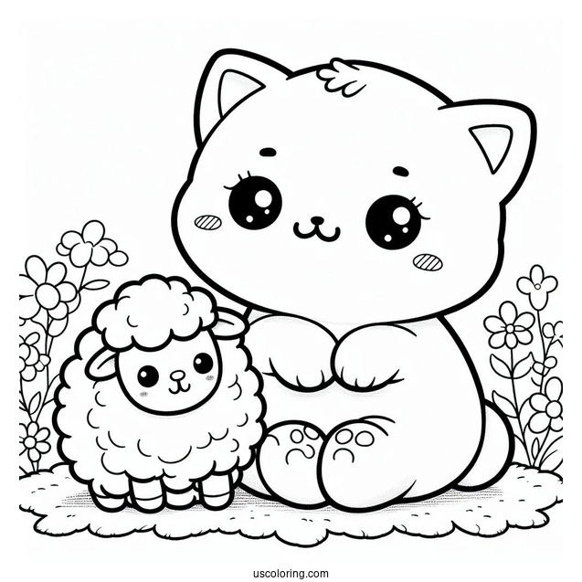Kawaii Cat Sitting On A Fluffy Sheep Coloring Page