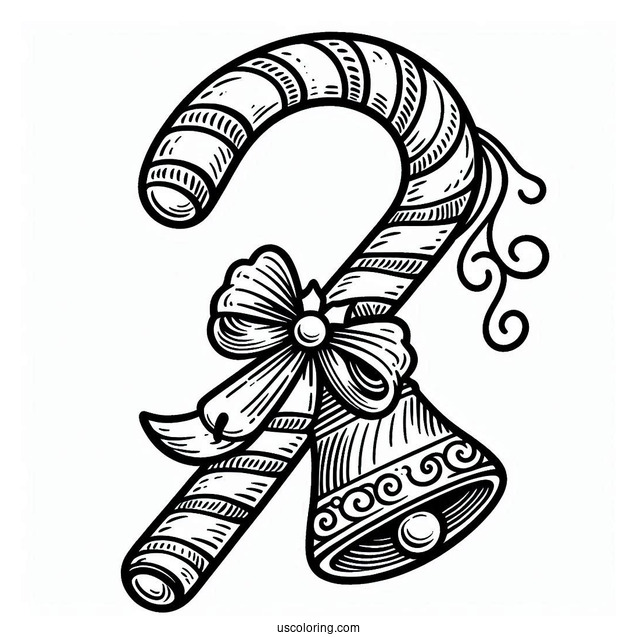 Christmas Candy Cane With Bells To Color