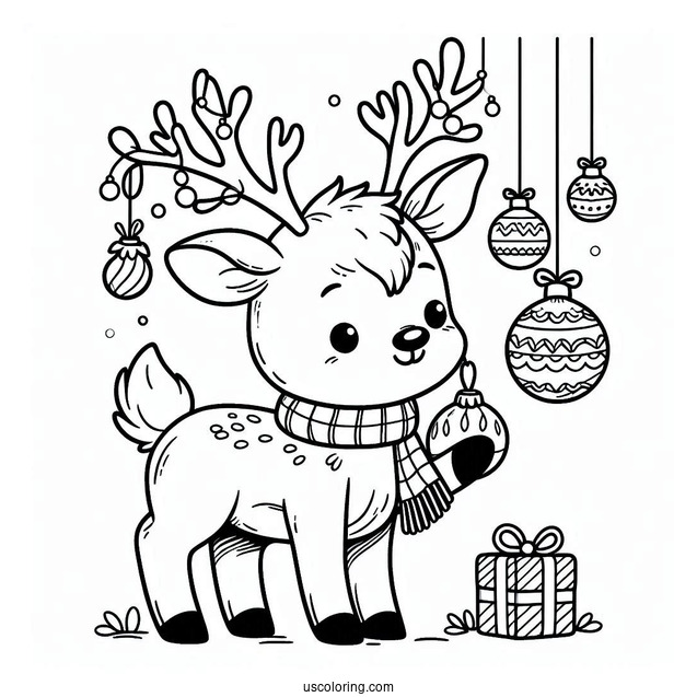 Cute Reindeer With Christmas Ornaments Hanging From Antlers