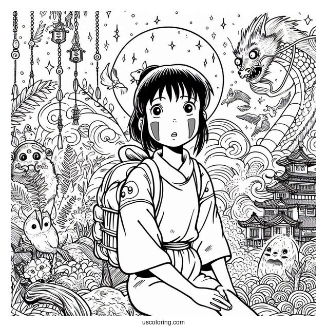 Studio Ghibli Coloring Page of Spirited Away Chihiro In The Spirit World