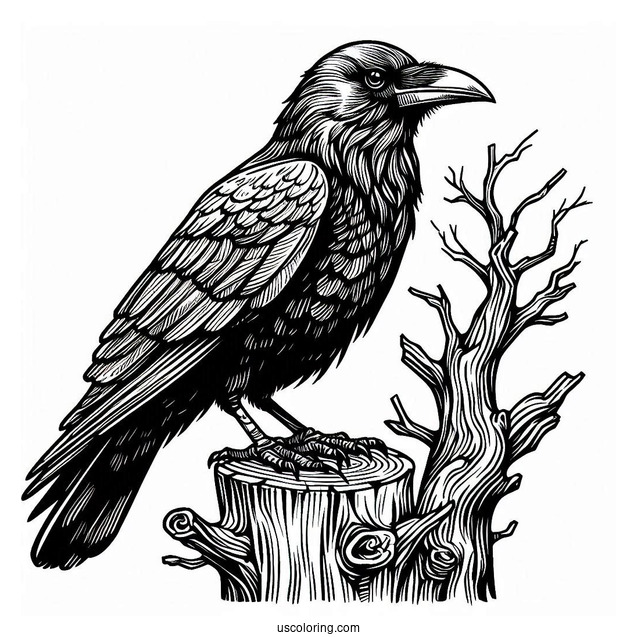 Detailed Raven Coloring Page Perched On A Tree Stump