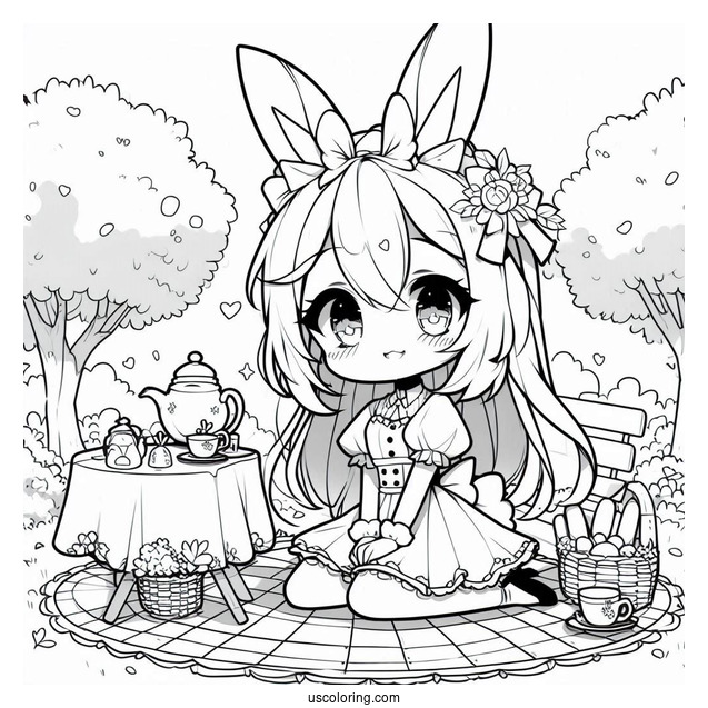 Chibi Coloring Page Girl Wearing Bunny Ears Hosting an Outdoor Tea Party