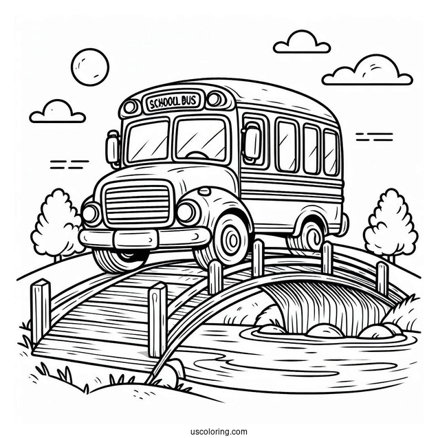 Cute School Bus Coloring Page Crossing A Small Bridge