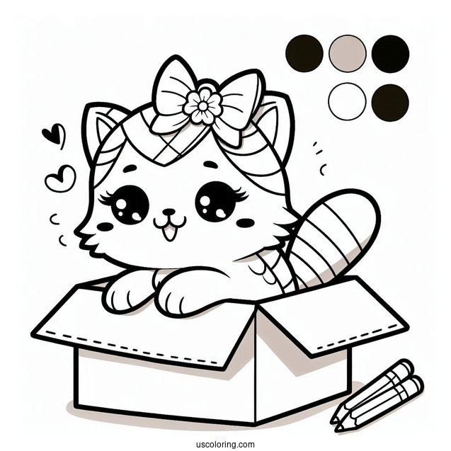 Kawaii Cat In Box Coloring In
